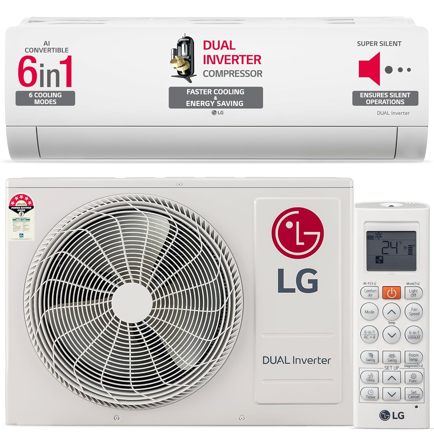 LG 1.5 Ton 5 Star DUAL Inverter Split AC (Copper, AI Convertible 6-in-1 Cooling, 4 Way, HD Filter with Anti-Virus Protection, Faster Cooling & Energy Saving, 2024 Model, TS-Q19YNZE, White)